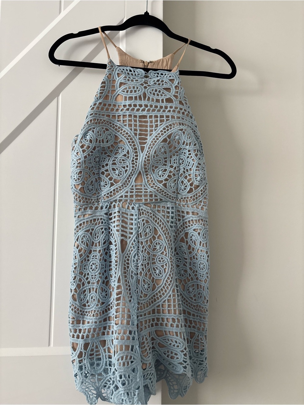 DO+BE Sky Blue Crochet Romper with Nude Lining